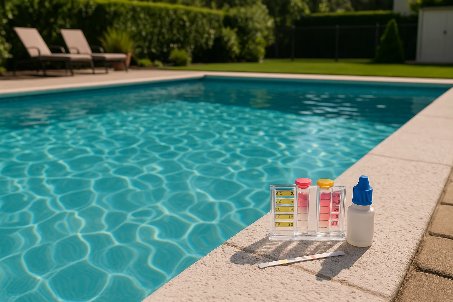 Piscina residenziale con acqua limpida e chiara, con strumenti per il test del cloro posizionati sul bordo, in ambiente esterno ordinato e sicuro, senza testi o loghi.