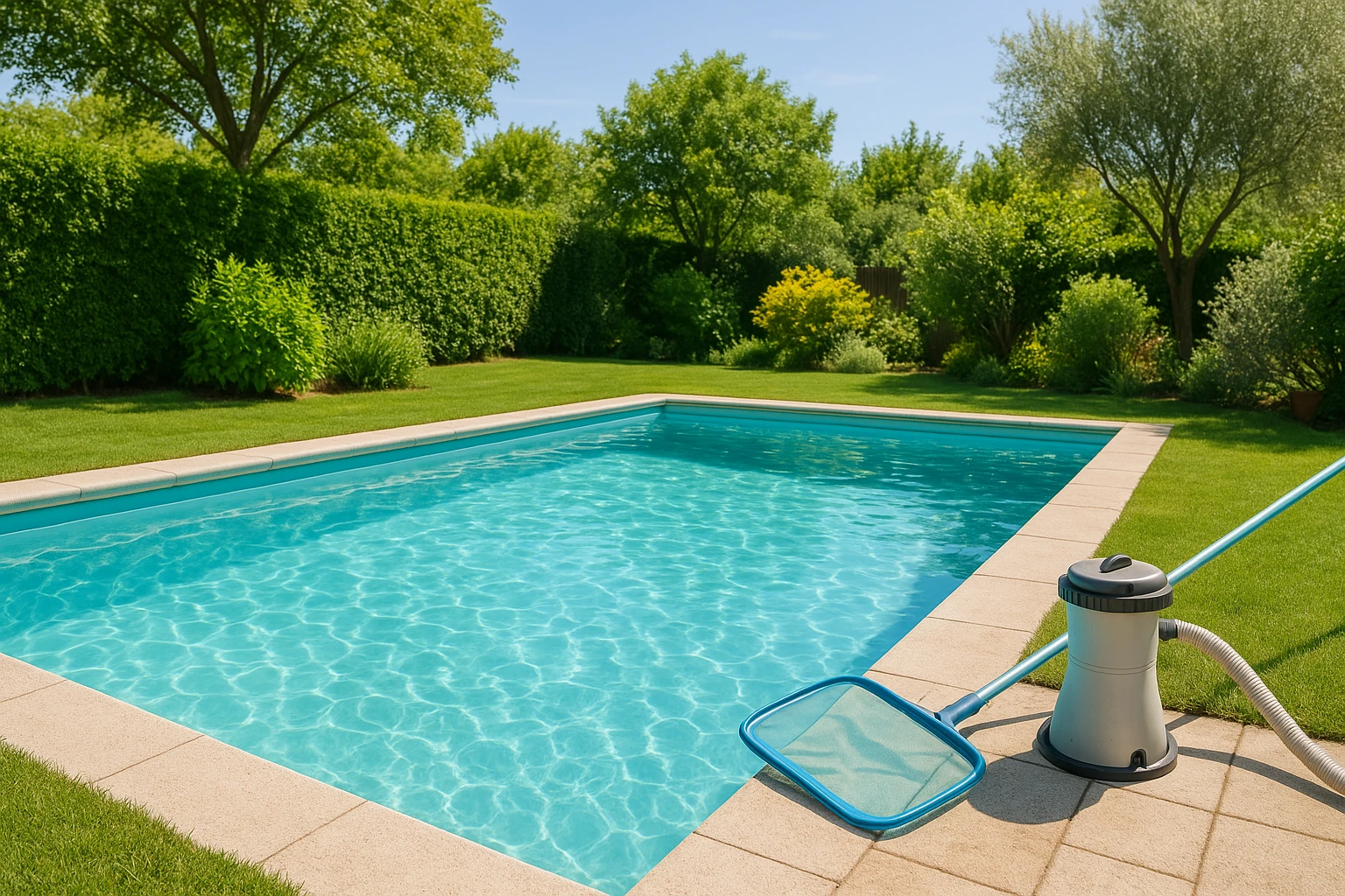 Piscina residenziale estiva con acqua limpida, spazio esterno verde e attrezzatura neutra per manutenzione, senza persone, loghi o testi.