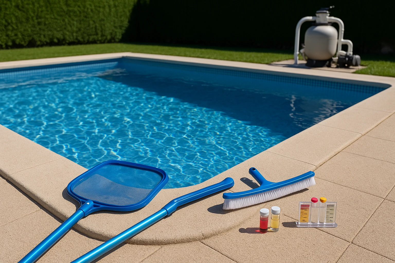 Piscina domestica pulita con acqua chiara, attrezzatura per manutenzione come retino, spazzola e kit test acqua posizionati vicino al bordo, con impianto di filtrazione sullo sfondo, illustrando manutenzione settimanale ordinaria senza persone o testi.