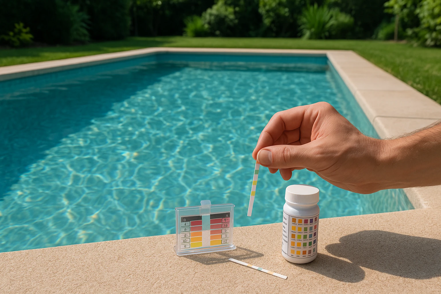 Piscina residenziale con acqua limpida e kit per test chimico del pH in primo piano, senza persone né elementi promozionali, in un contesto di giardino verde e luminoso.