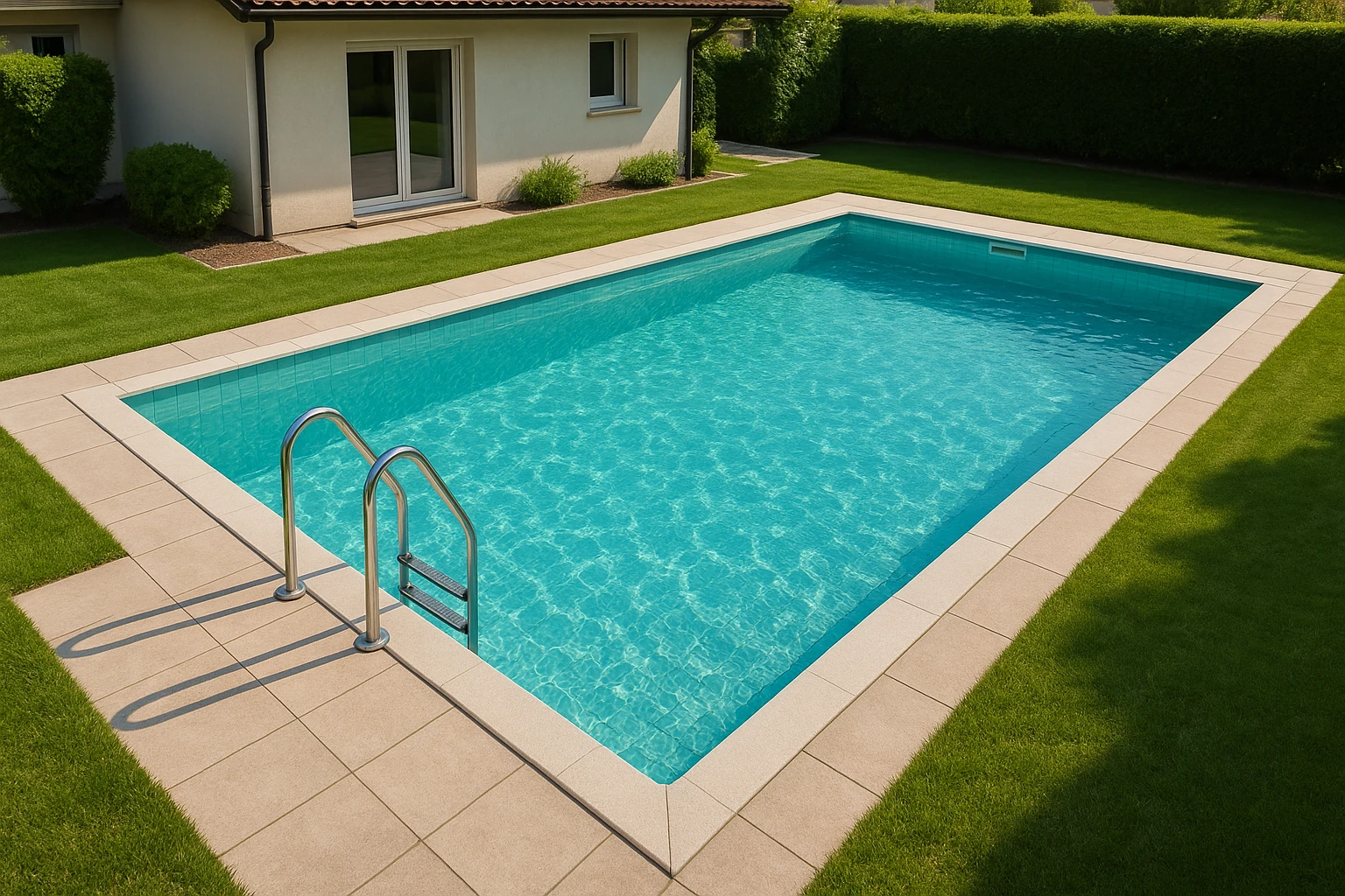 Piscina interrata residenziale con acqua chiara, circondata da giardino ben curato e spazi esterni; immagine realistica senza persone, testo o loghi, ideale per articolo su costruzione e costi piscina.